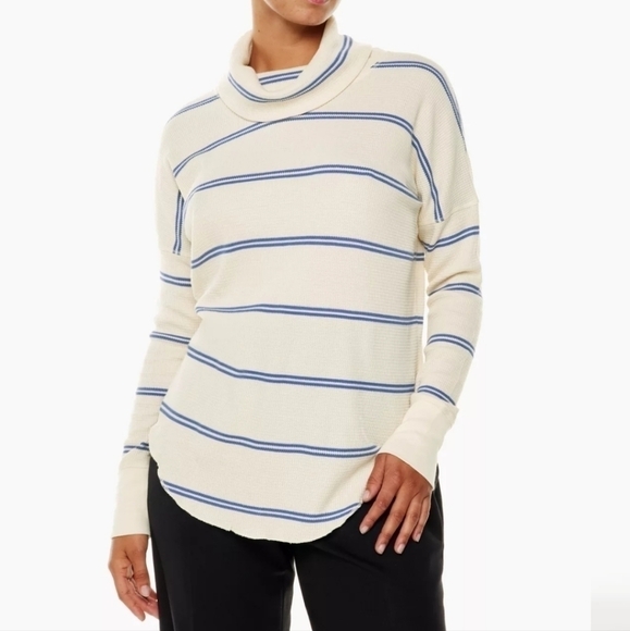 ARITZIA Babaton Cowlneck Thermal Long Sleeve Top Stripe Blue Tan L - Picture 2 of 11